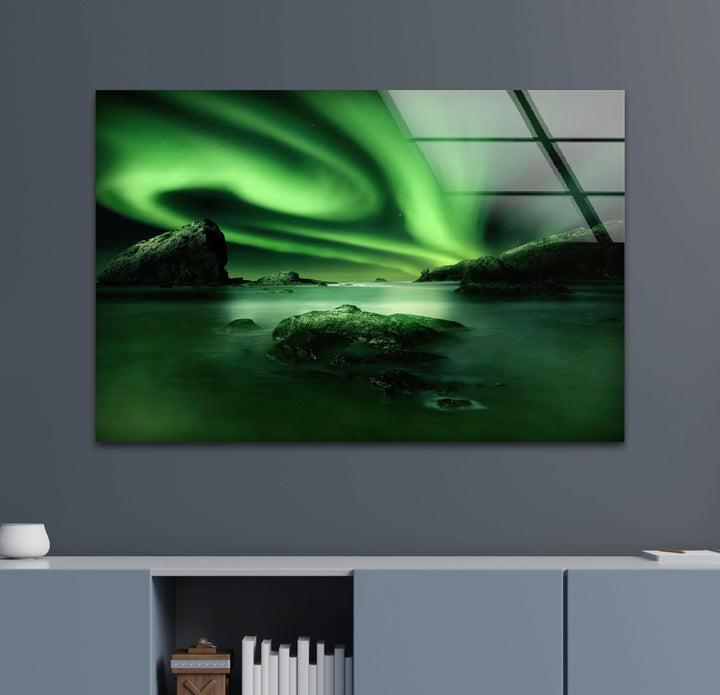 Northern Lights Aurora Borealis Wall Art – Green Sky Glass Print for Modern Interiors - MyPhotoStation