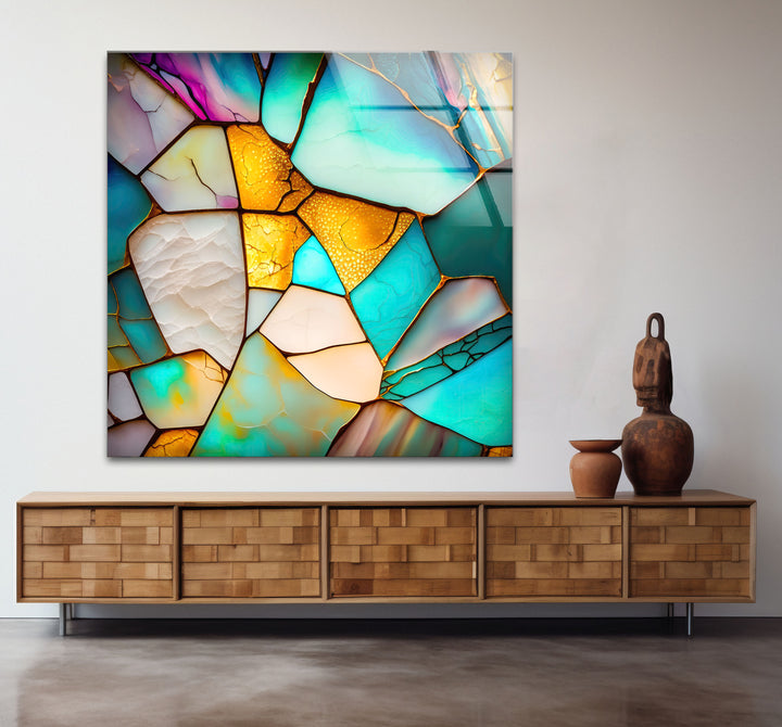 Modern Stained Glass Abstract Wall Art – Teal & Gold Geometric Glass Print