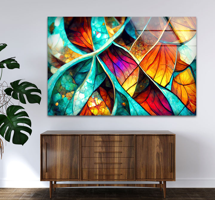 Abstrakte Wanddekoration aus Buntglasblättern – Lebendiges, von der Natur inspiriertes Panel für moderne Innenräume