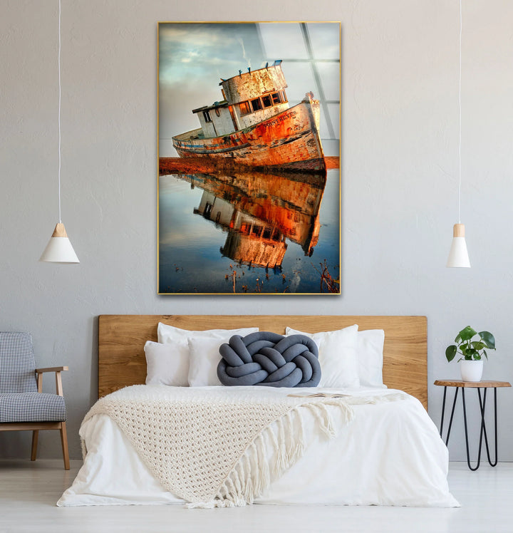 Rustic Abandoned Boat Glass Wall Art – Reflections of Time Nautical Print - MyPhotoStation