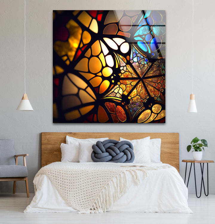Goldene Buntglas-Wandkunst – Beleuchtete Mosaik-Lichtreflexionen