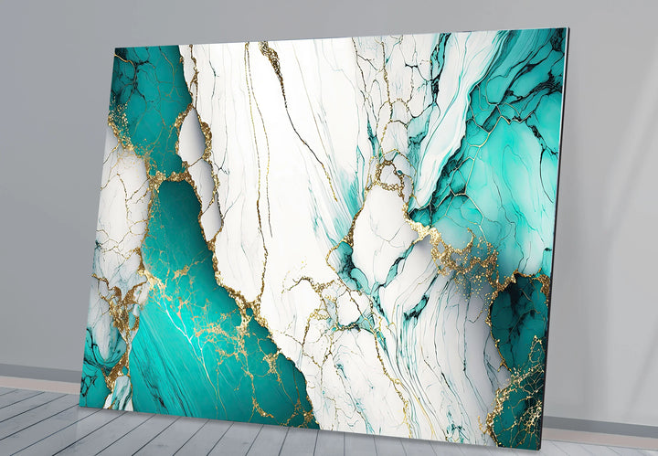 Teal and White Marble Wall Art – Luxury Abstract Glass Print with Gold Veins for Modern Interiors - MyPhotoStation