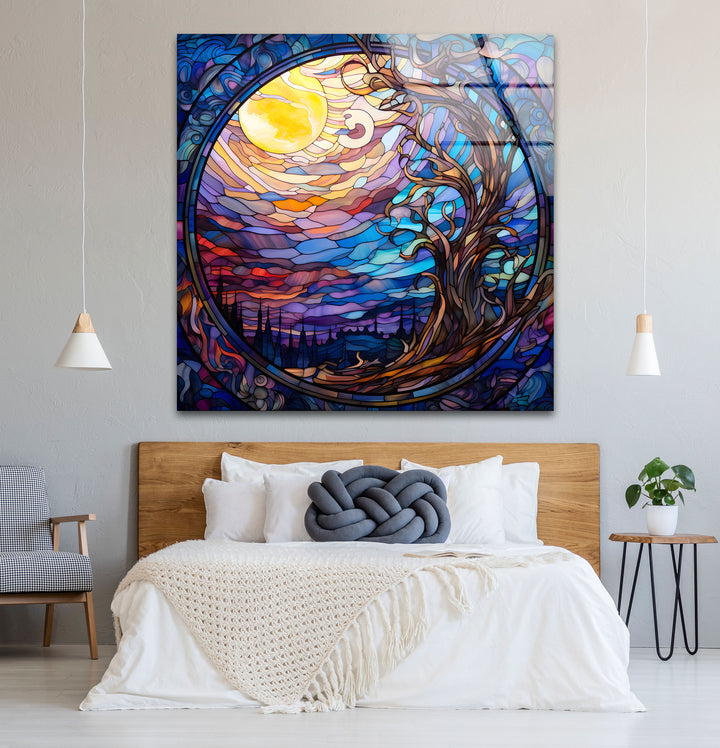 Mystic Moon Buntglas-Wandkunst – Verzauberter Baum &amp; Nachthimmel-Dekor