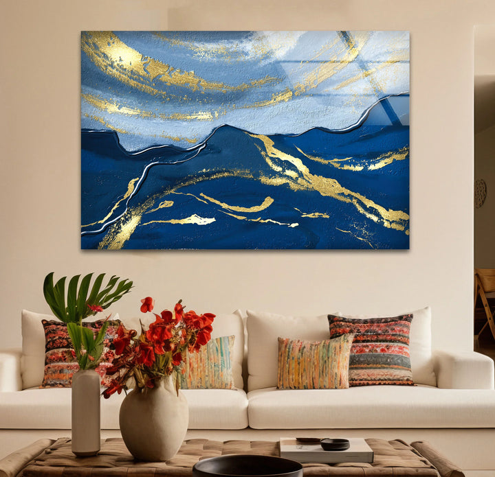 Navy Blue and Gold Abstract Landscape Wall Art – Elegant Glass Print for Modern Living Spaces - MyPhotoStation