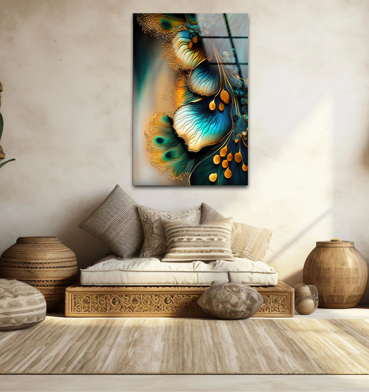 Teal Gold Abstract Floral Glass Wall Art – Elegant Botanical Flow Design - MyPhotoStation