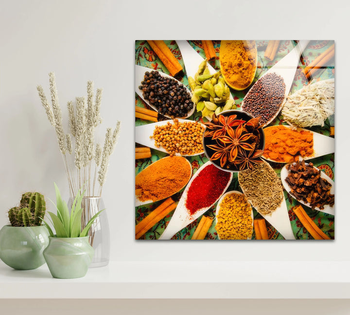 Colorful Indian Spices Wall Art – Kitchen Glass Print with Aromatic Herb Display for Culinary Decor - MyPhotoStation