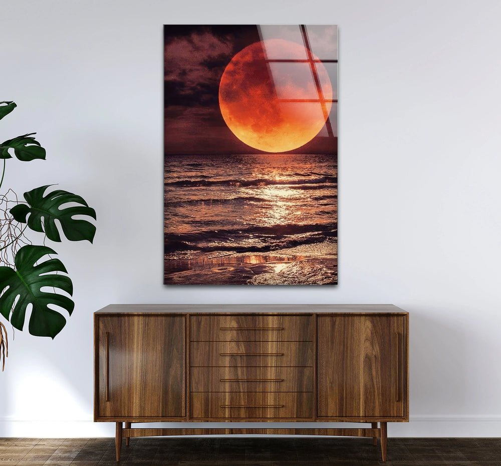 Red Moon Over Ocean Glass Wall Art – Dramatic Lunar Seascape Print for Bold Modern Decor - MyPhotoStation