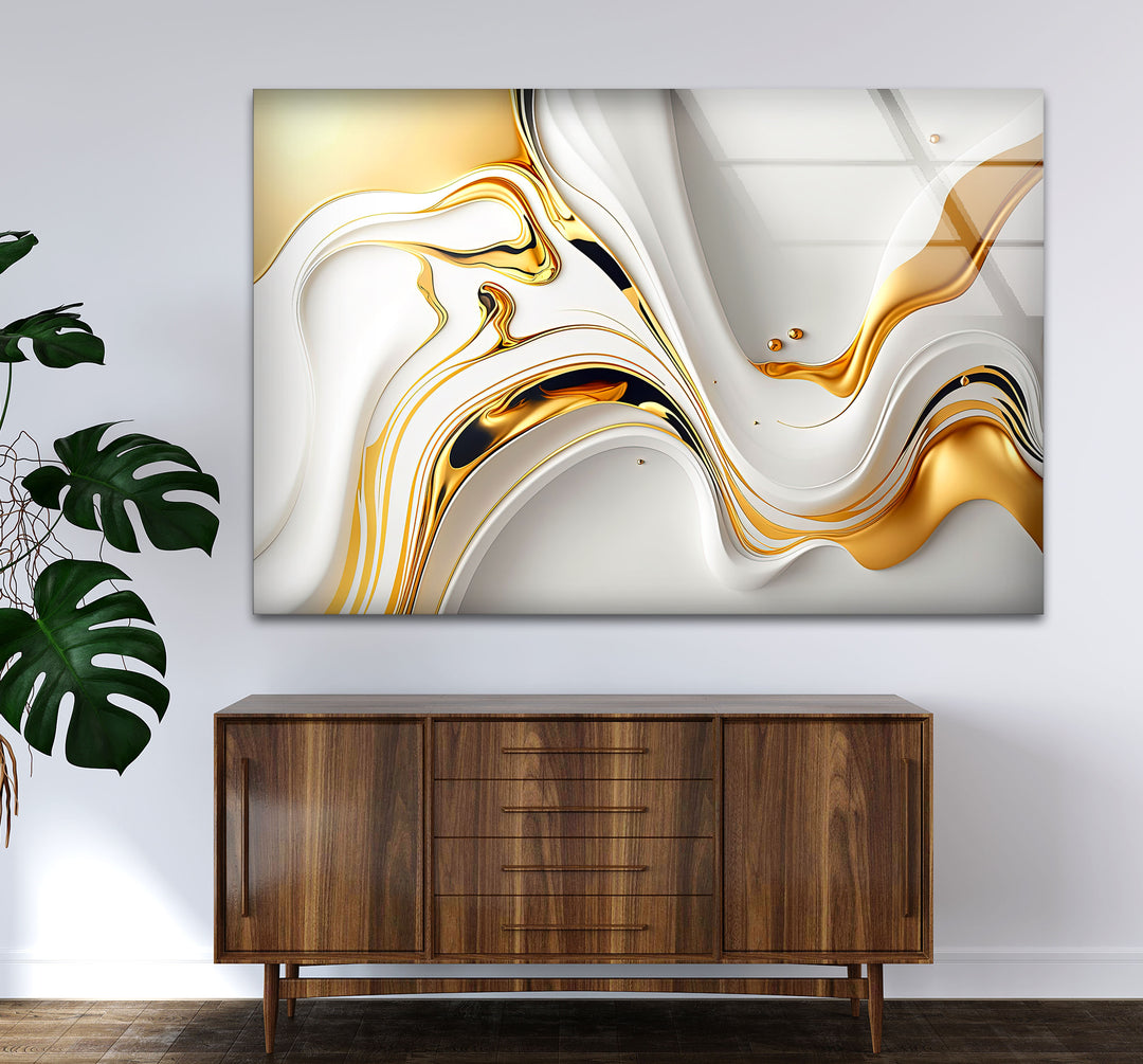 White Gold Fluid Wall Art – Modern Abstract Glass Print for Interior Elegance