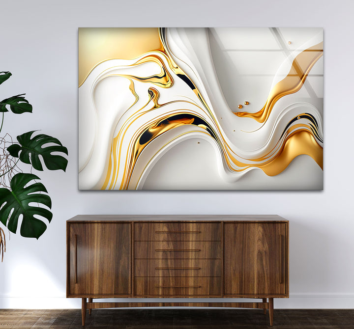 White Gold Fluid Wall Art – Modern Abstract Glass Print for Interior Elegance