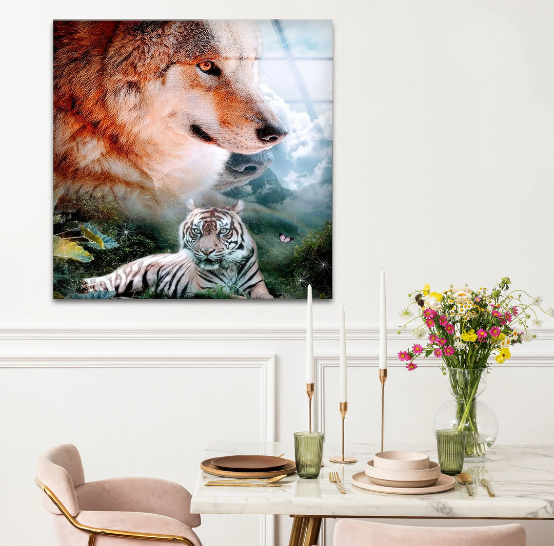 Wolf and White Tiger Wall Art – Majestic Animal Duo Nature Glass Print for Bold Decor - MyPhotoStation