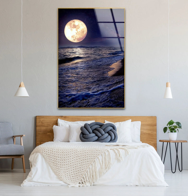 Moonlit Ocean Wall Art – Full Moon Over Waves Glass Print, Night Seascape Decor for Bedroom & Living Room - MyPhotoStation