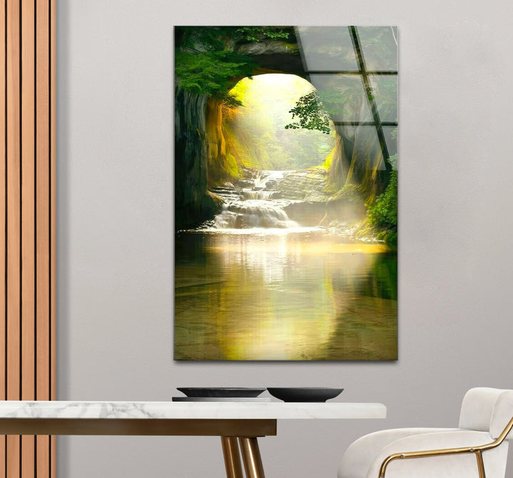 Sunlit Forest Cave Waterfall Glass Wall Art – Serene Nature Landscape Print - MyPhotoStation