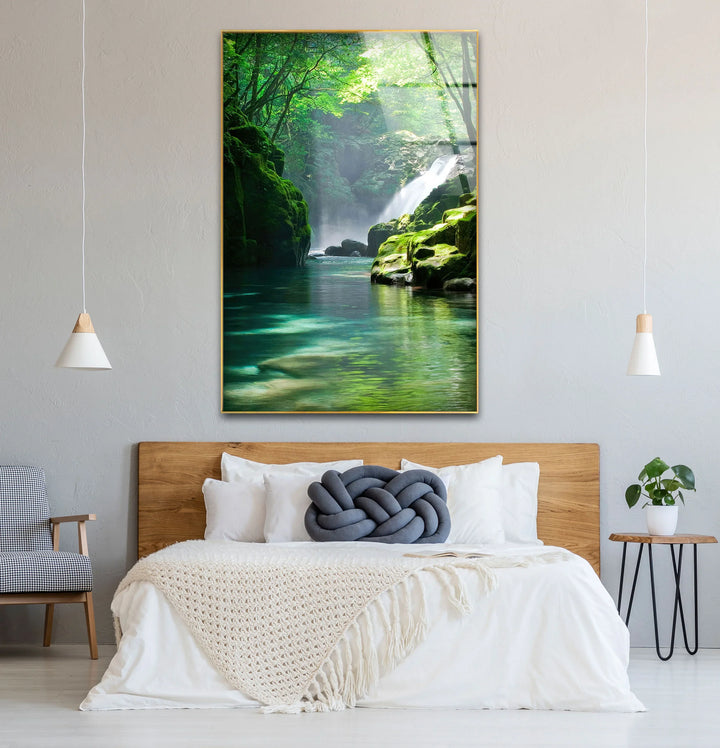 Tranquil Forest Waterfall Wall Art – Serene Nature Glass Print for Zen-Inspired Decor - MyPhotoStation
