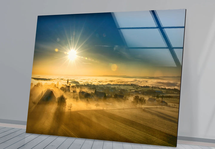 Golden Sunrise Over Foggy Countryside – Serene Morning Landscape Glass Wall Art - MyPhotoStation