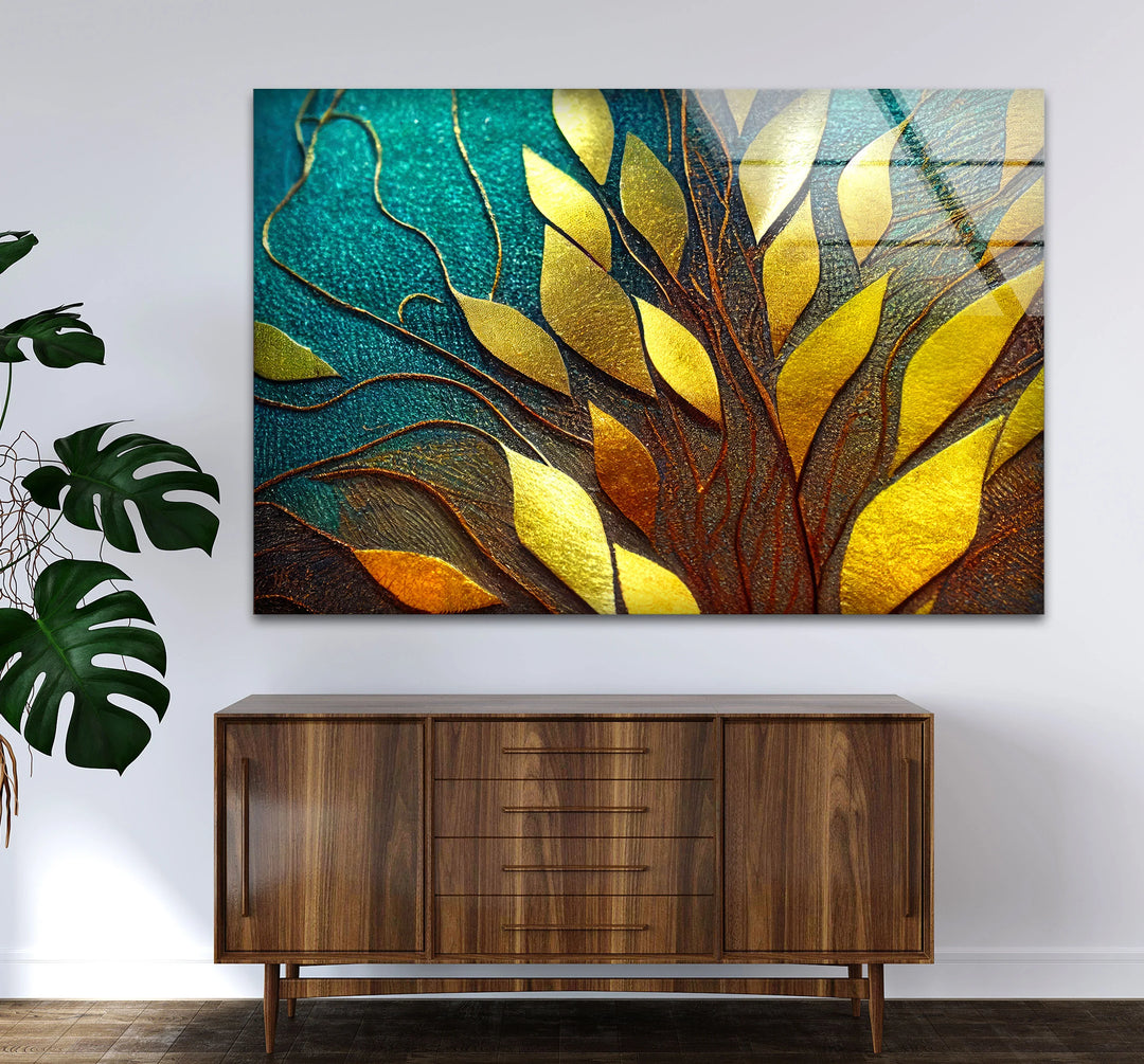 Golden Leaf Tree Glass Wall Art – Elegant Botanical Design with Teal & Amber Accents - MyPhotoStation