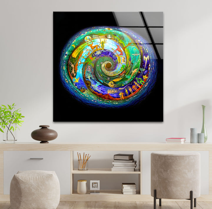 Cosmic Spiral Wall Art – Vibrant Spiritual Glass Print with Universe Symbols for Meditation & Modern Interiors