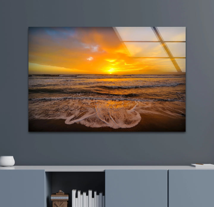Golden Sunset Over Ocean Waves – Seashore Wall Art on Tempered Glass - MyPhotoStation