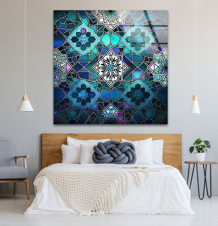 Blue Mosaic Star Glass Wall Art – Islamic Geometric Window Panel, Sacred Pattern Decor