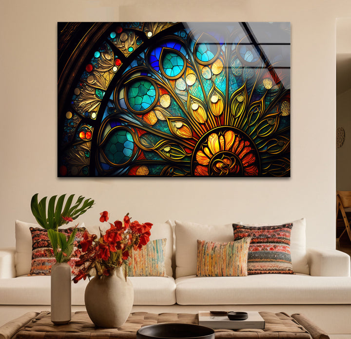 Buntglasfensterkunst – Elegantes gotisches Rosettenfenster-Design