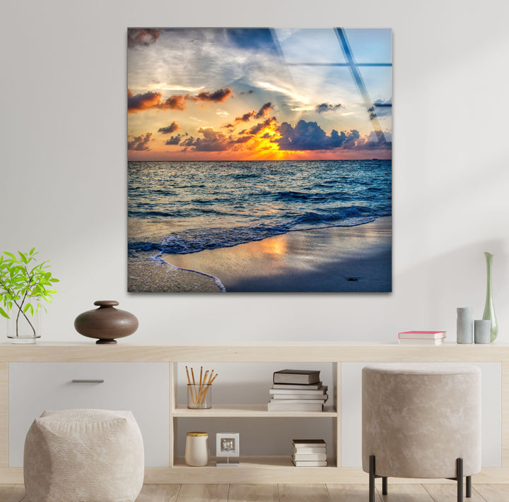 Tropical Ocean Sunset Wall Art – Serene Beach Glass Print for Tranquil and Coastal Interiors