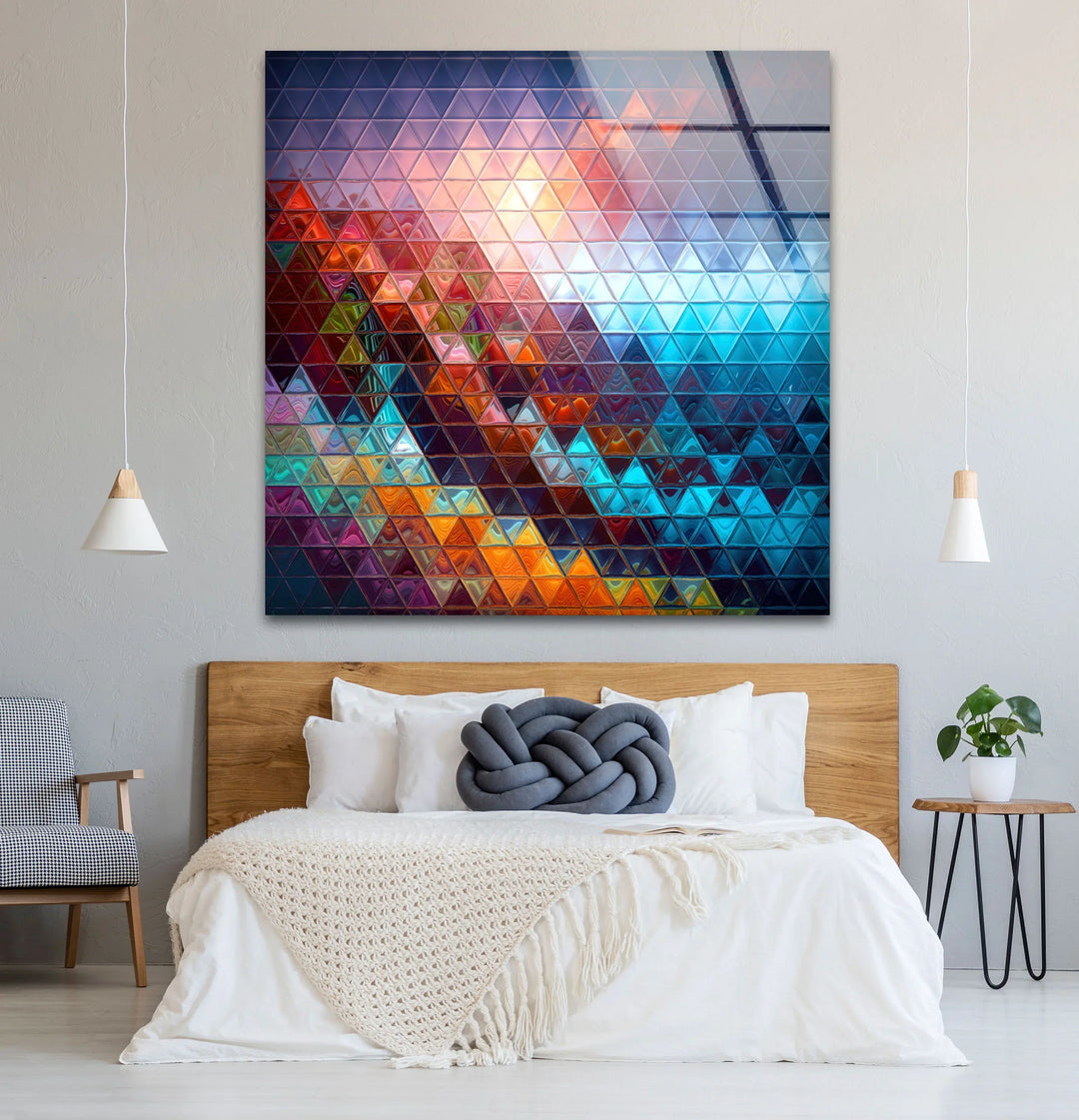 The focal point showcases a modern geometric prism glass wall art, a colorful triangle mosaic of glass art that adds a vibrant touch to a modern decor.