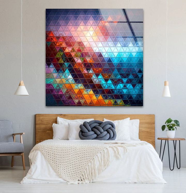 The focal point showcases a modern geometric prism glass wall art, a colorful triangle mosaic of glass art that adds a vibrant touch to a modern decor.
