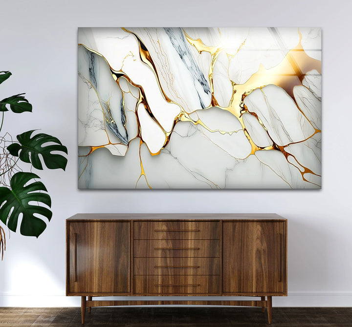 Gold Vein Marble Wall Art – Elegant White Glass Print with Metallic Cracks for Modern Luxe Interior Decor - MyPhotoStation