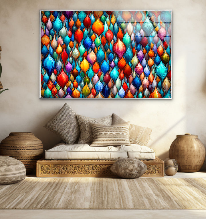 Lebendige abstrakte Glaswandkunst – Buntes Tropfendesign 