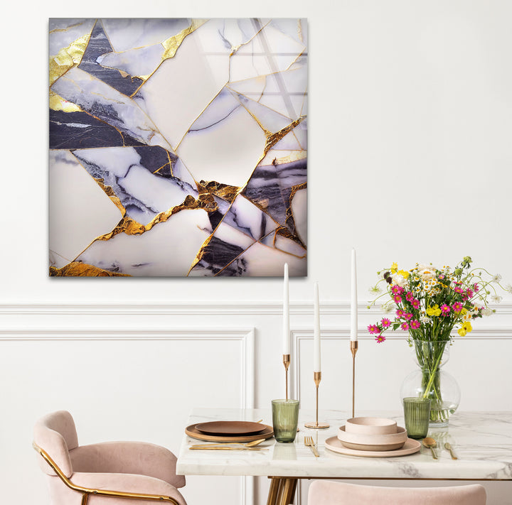 Geometric Marble Wall Art – Lux Gold Vein & Navy Cracked Stone Print for Modern Decor