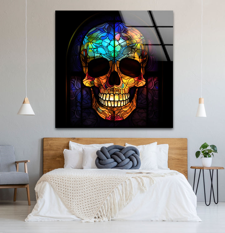 Gotischer Totenkopf Buntglas Wandkunst – Dunkles ästhetisches Fensterdesign, ausgefallene Wohndekoration 