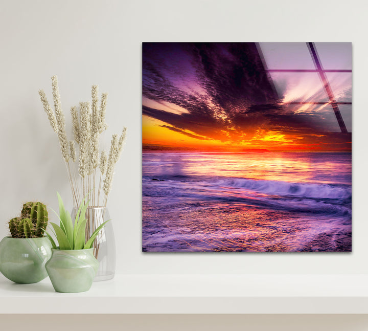 Vibrant Ocean Sunset Wall Art – Purple Sky & Waves Glass Print