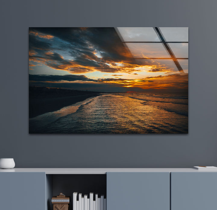 Golden Sunset Ocean Wall Art – Moody Coastal Landscape Glass Print