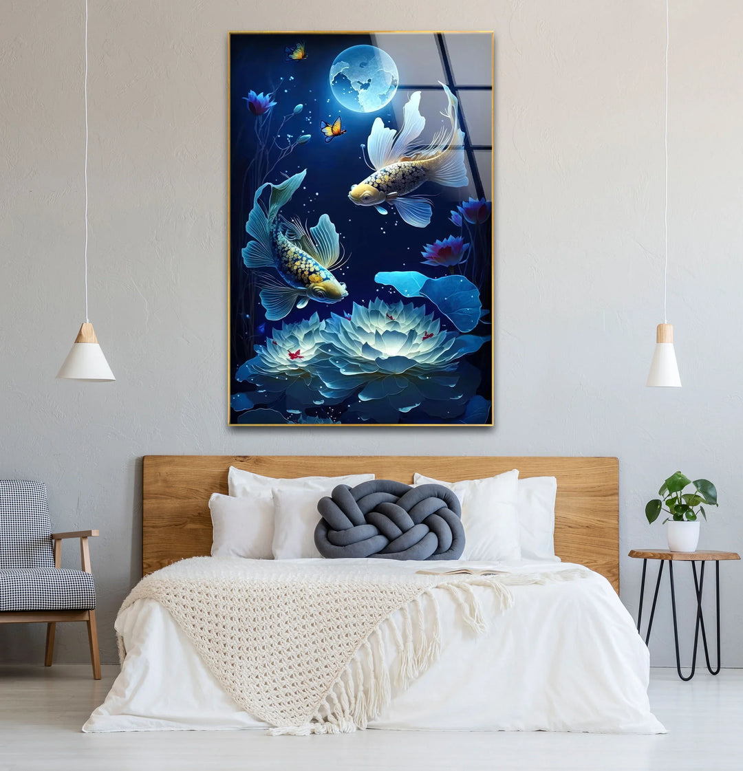 Moonlit Koi Fish and Lotus Wall Art – Tranquil Blue Glass Panel for Zen Decor