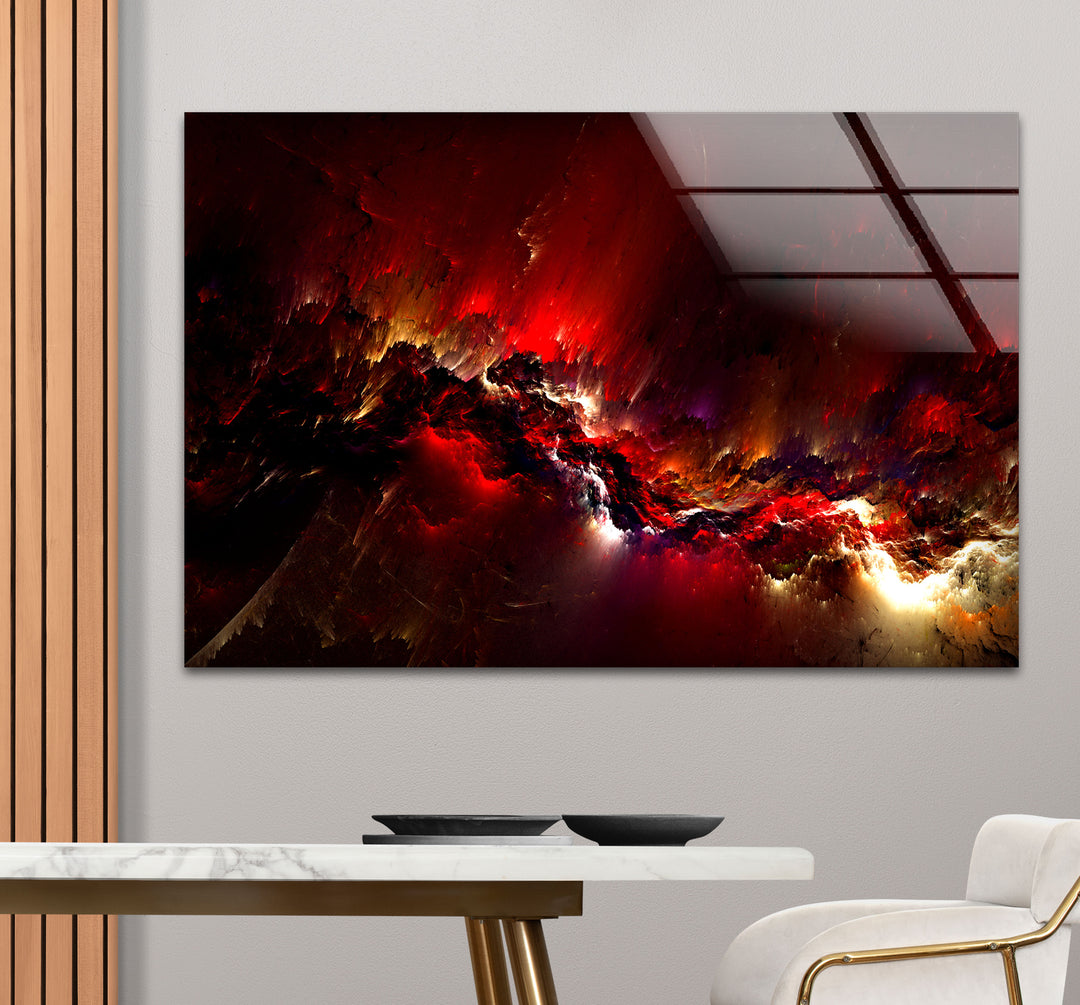 Crimson Nebula Wall Art – Fiery Red Abstract Galaxy Glass Print