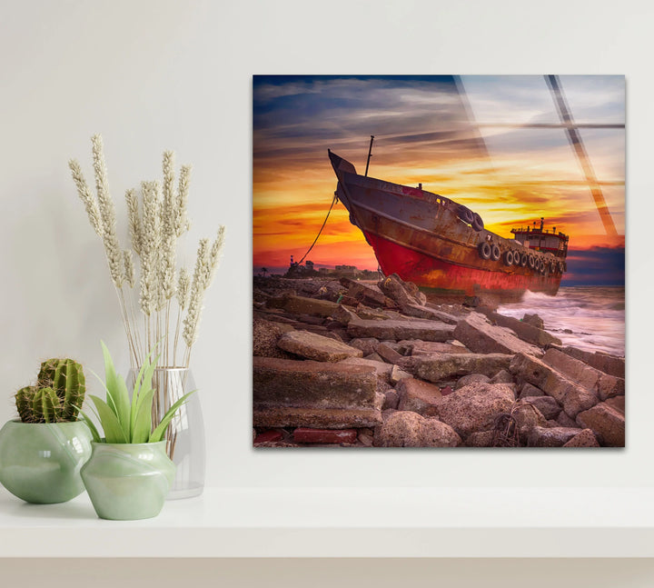 Abandoned Ship Wall Art – Sunset Seascape Glass Print for Nautical Decor - MyPhotoStation
