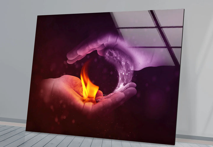 Fire and Water Yin Yang Wall Art – Duality Hands Glass Print for Modern Decor - MyPhotoStation