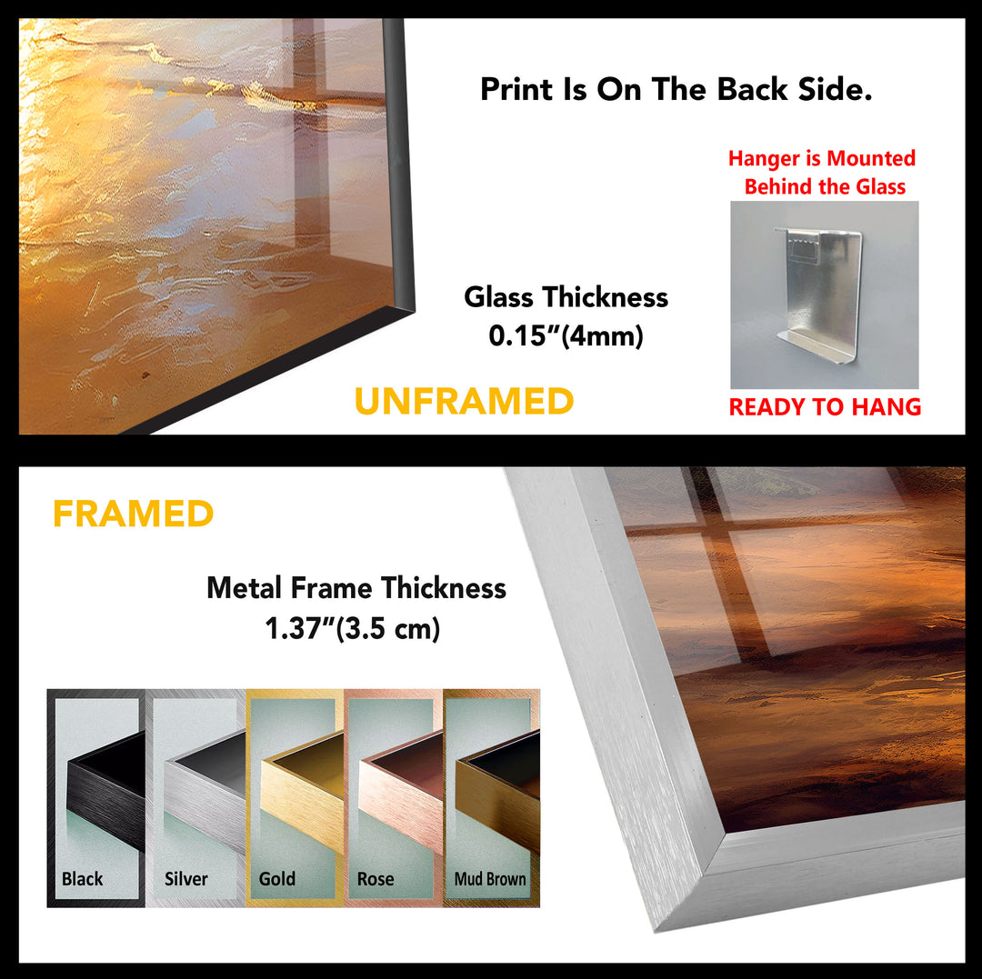 Golden Beach Sunset Wall Art – Tranquil Ocean Shoreline Print on Glass