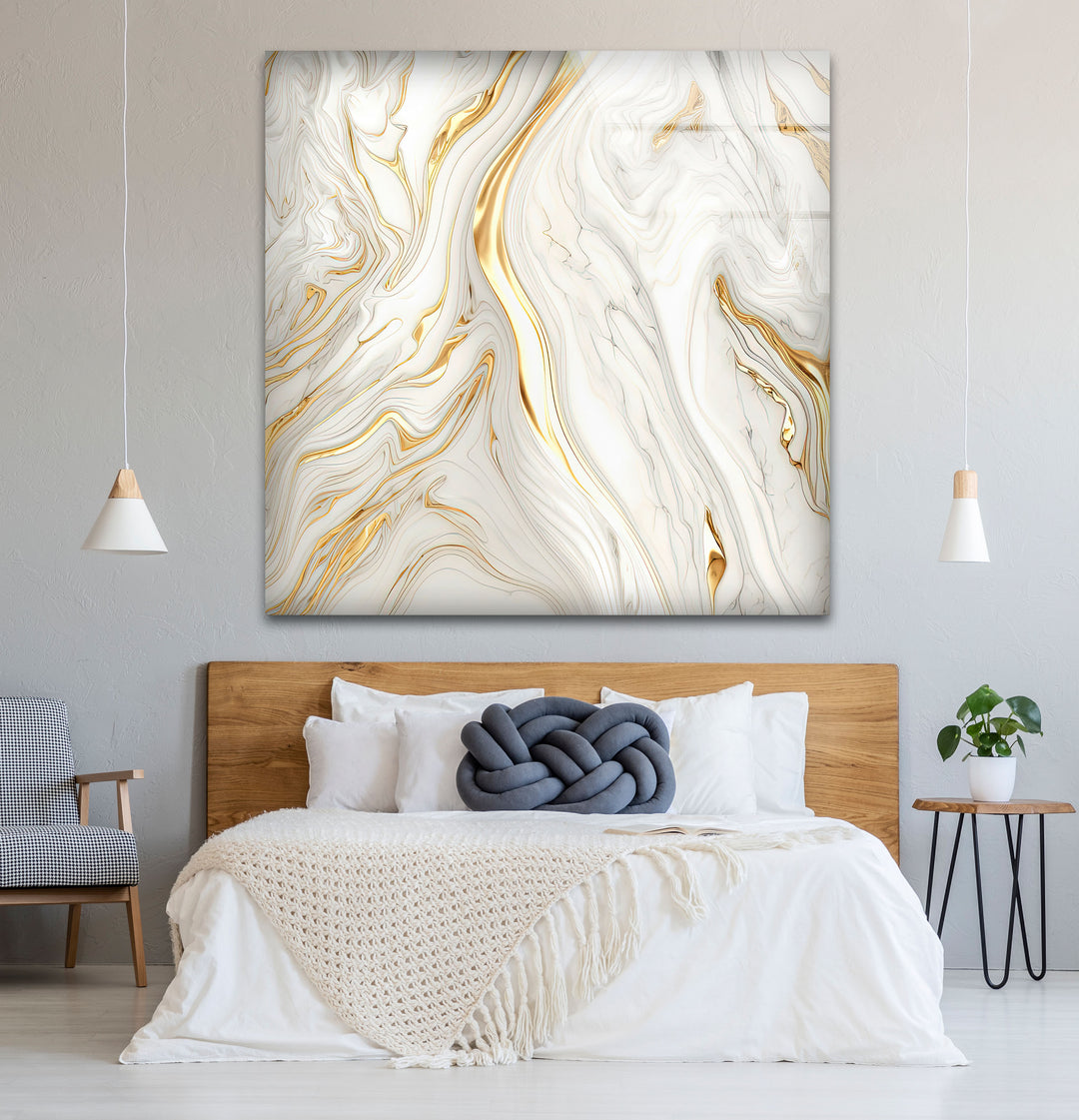 White & Gold Marble Glass Wall Art – Elegant Luxury Abstract Design