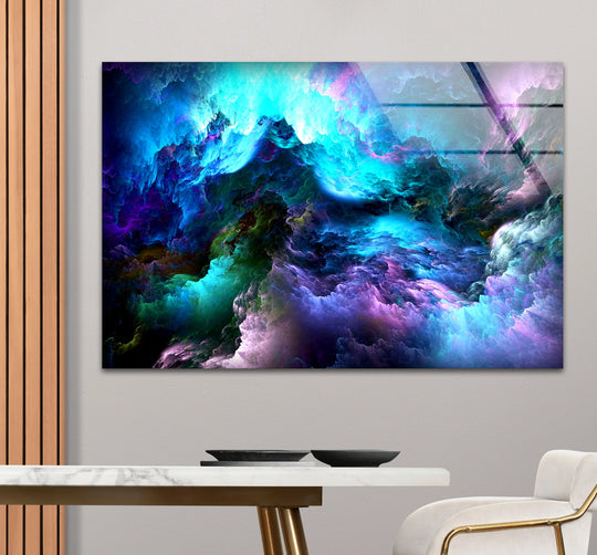 Illuminated by ethereal light, shadows dance across this cosmic dreamscape abstract nebula cloud glass print, a unique modern wall decor.