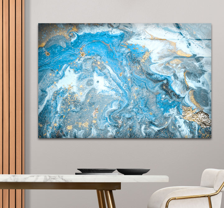 Blue Gold Ocean Marble Wall Art – Elegant Abstract Glass Print Decor