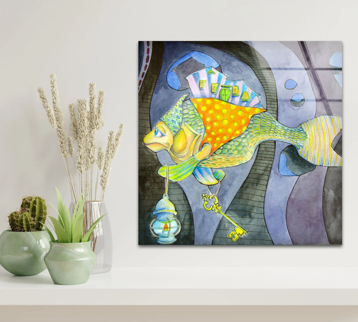 Surreal Fantasy Fish Wall Art – Whimsical Glass Print with Key & Lantern - MyPhotoStation