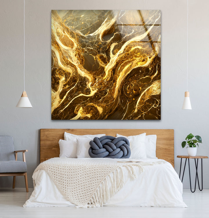 Molten Gold Marble Wall Art – Abstract Luxury Glass Print for Modern Decor