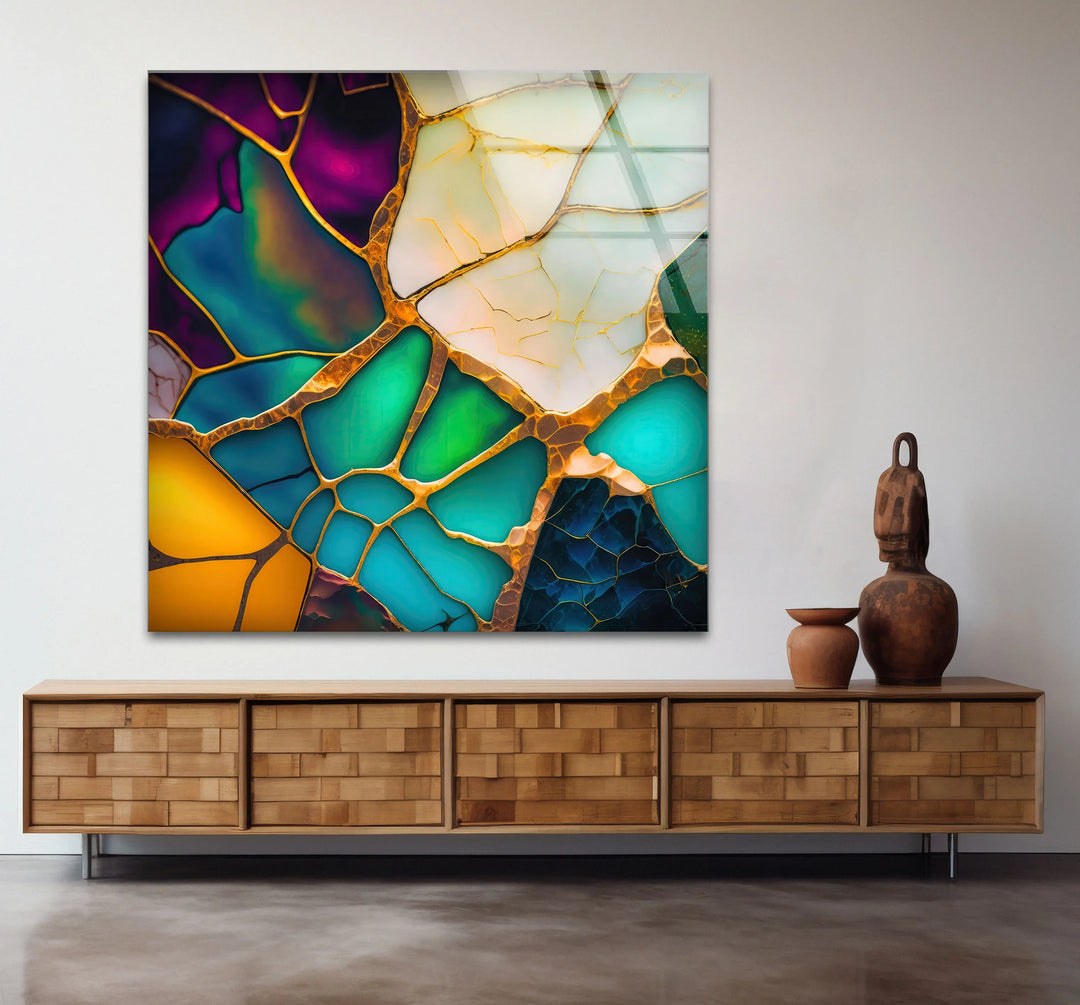 Colorful Abstract Stained Glass Wall Art – Golden Fractured Modern Glass Print - MyPhotoStation