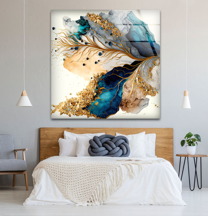Abstrakte Glaswandkunst in Gold und Blau – Luxuriöses, modernes, fließendes Design