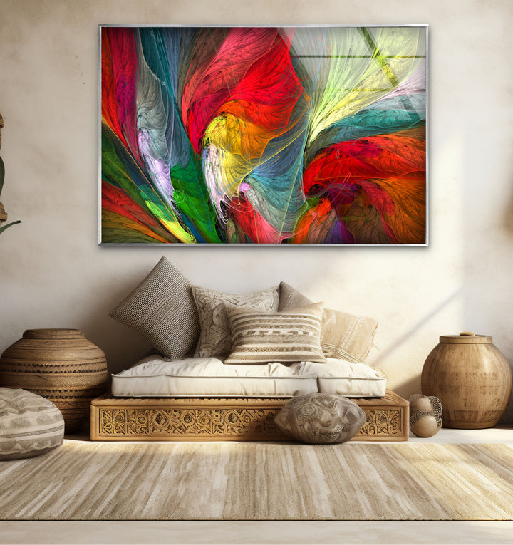 Colorful Feather Burst Wall Art – Abstract Rainbow Glass Print Decor