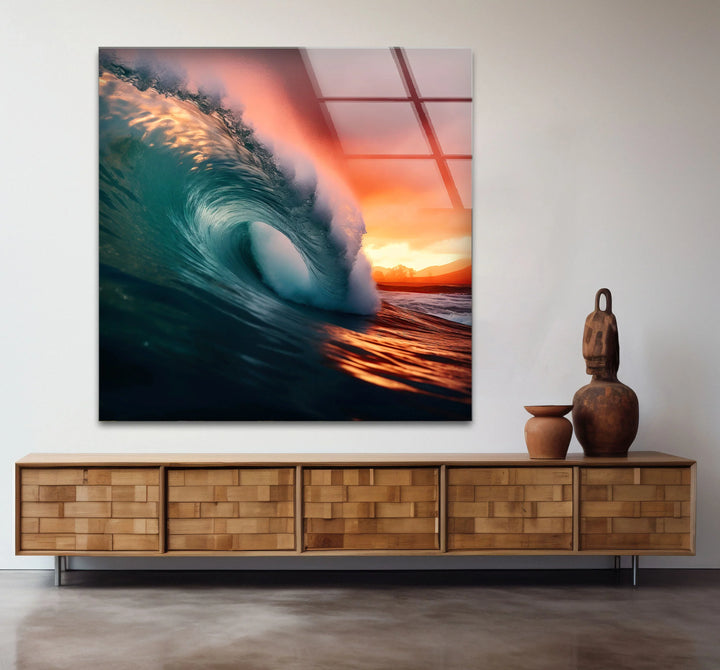 Sunset Barrel Wave Wall Art – Ocean Wave Glass Print for Coastal Home Decor - MyPhotoStation