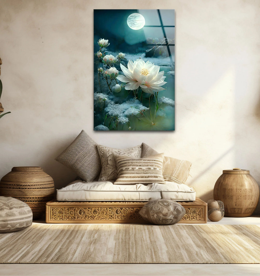 Moonlit White Lotus Glass Wall Art – Tranquil Floral Design with Ethereal Night Glow - MyPhotoStation