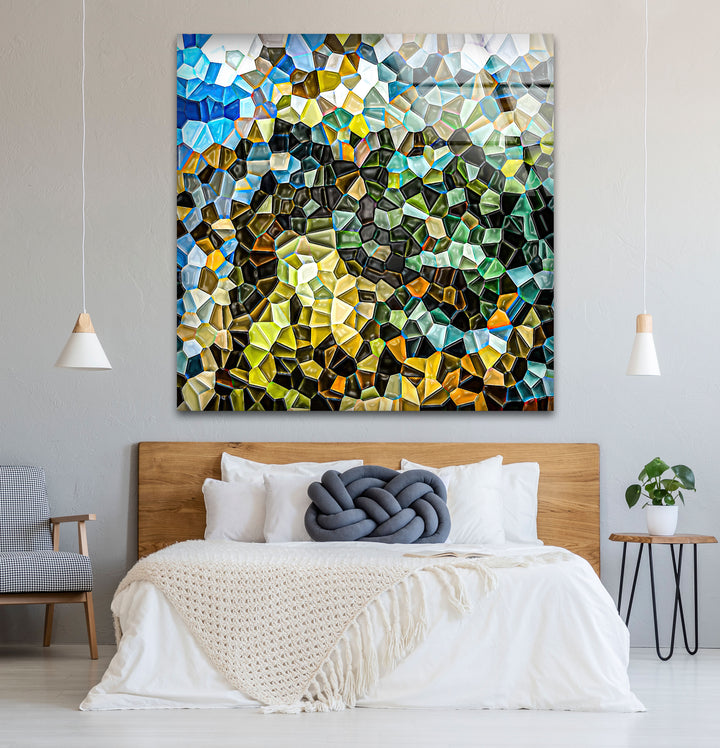 Abstract Mosaic Landscape Glass Wall Art – Colorful Geometric Nature Design