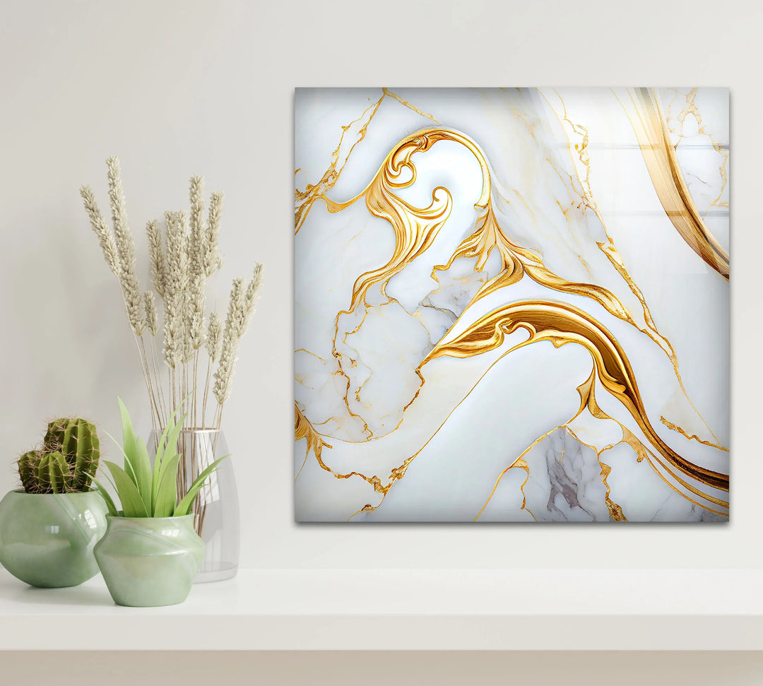 Luxury White Marble Wall Art with Gold Swirl – Elegant Glass Print for Modern Interiors - MyPhotoStation