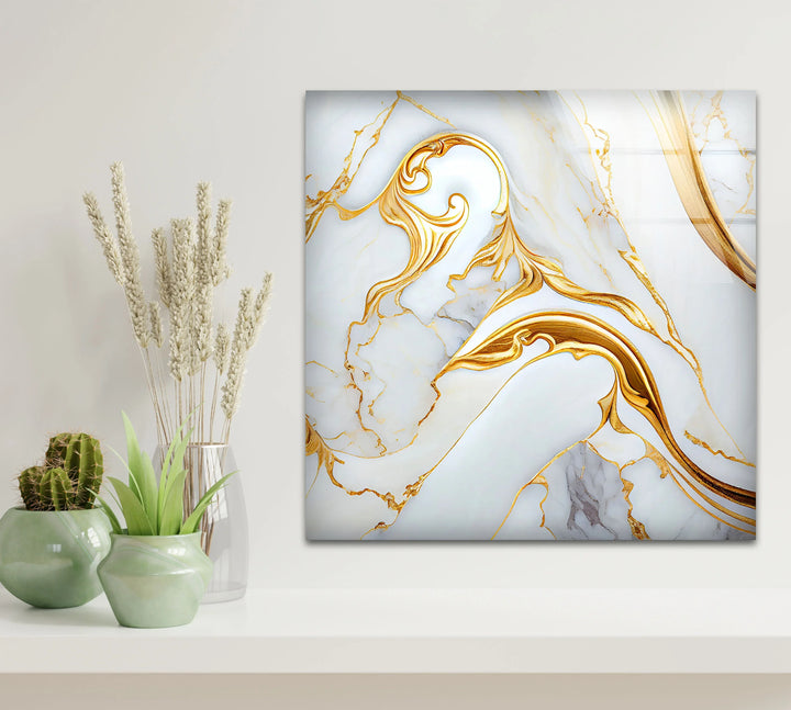 Luxury White Marble Wall Art with Gold Swirl – Elegant Glass Print for Modern Interiors - MyPhotoStation